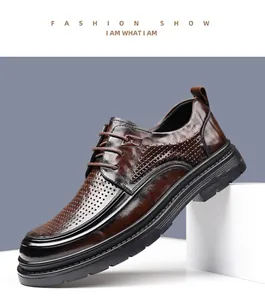 Detailed macro view of laser-perforated dark brown leather surface on business dress shoes