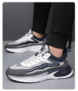 Close-up of men's breathable sneakers featuring leather mesh stitching and thick soles