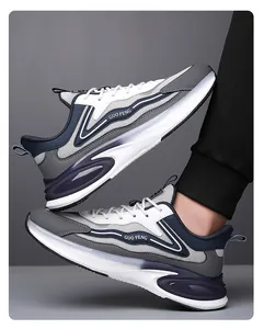 Close-up of lightweight grey running shoes with mesh upper and purple cushioning heel
