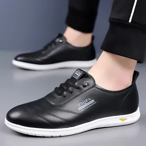 Men's black leather casual sneakers with white rubber soles and fashion stitching details
