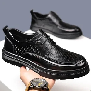 Men's black breathable cutout business leather shoes with lace-up and anti-slip sole