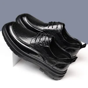 Men's black breathable cutout leather dress shoes with thick anti-slip rubber soles