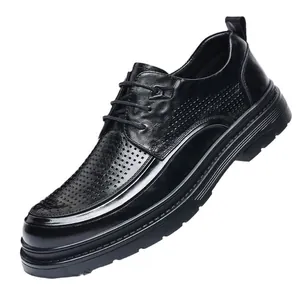 Men's breathable hollow leather oxfords in black with slip-resistant rubber soles