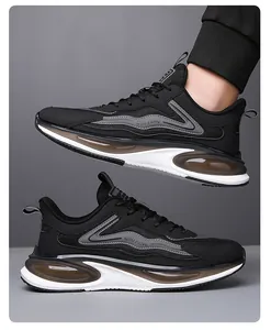 Close-up of black breathable mesh running shoes with cushioning air bubble sole