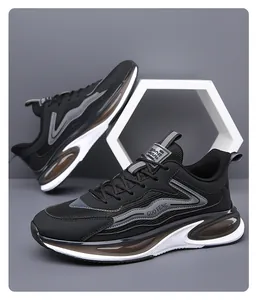 Detail of men's breathable black sneakers with visible air cushion unit for comfort