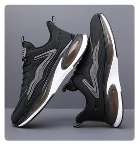 Detail view of black running shoes featuring breathable leather and thick cushioned soles
