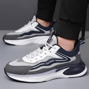 Men's breathable leather running shoes with air cushion and stylish tri-color paneling
