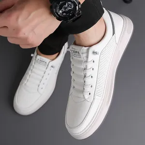 Men's white breathable casual sneakers with perforated leather and thick soles