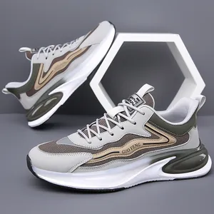 Breathable men's casual running sneakers with lightweight non-slip sole in grey and green