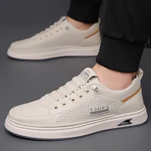 Men's breathable cream-white casual sneakers with diamond perforation and brown accents
