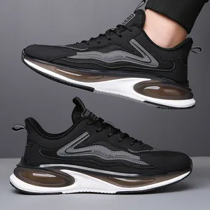 Men's breathable black running sneakers with air cushion sole and leather mesh upper