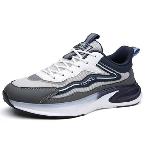 Men's breathable leather running shoes in white and navy blue stylish color-blocking