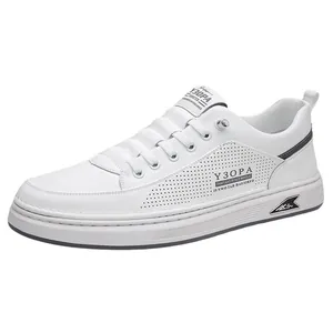 White breathable leather casual sneakers for men with perforated side details and platform