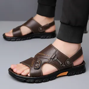 Men's dark brown leather sandals with non-slip rubber soles and hollow-out design