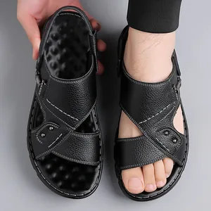 Men's leather sandals with cross straps and non-slip sole for summer casual wear