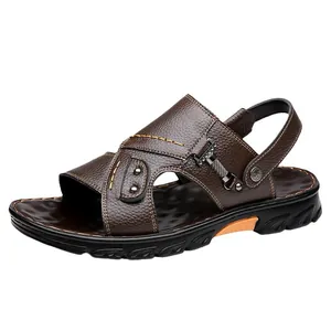 Men's brown leather sandals with soft anti-slip soles and yellow contrast stitching