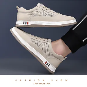 Detail of beige perforated summer loafers for men with breathable mesh and thick anti-slip sole