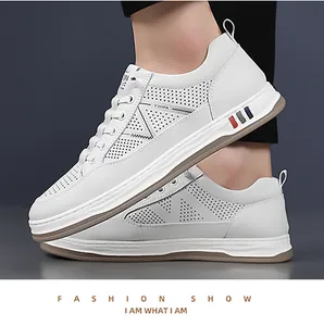 Detail of white hollow breathable sneakers with side stripes and fashion typography