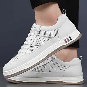Men's white summer leisure sneakers with breathable perforated leather and thick soles