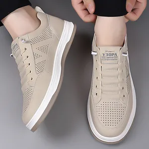 Men's breathable hollow casual sneakers with thick soles and elastic laces in khaki