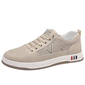 Men's breathable hollow out casual shoes in beige with thick anti-slip sole for summer