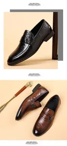Detail of men's leather loafers featuring premium V-shaped metal buckle in black and brown