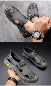 Détails des sandales de sport en mesh gris respirant avec bride velcro réglable