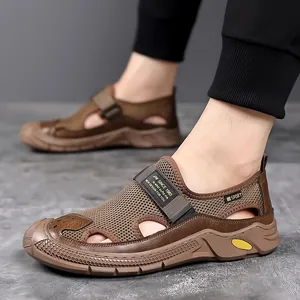 Sandales d'extérieur pour hommes en cuir marron avec mesh et semelles épaisses