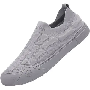 Men's breathable grey slip-on flyknit sneaker with elastic texture and soft rubber sole