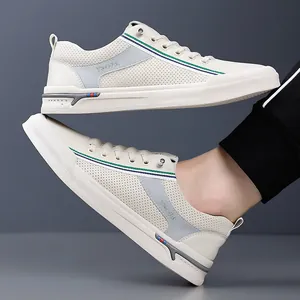 Men's breathable hollow leather casual sneakers in beige with thickened rubber soles