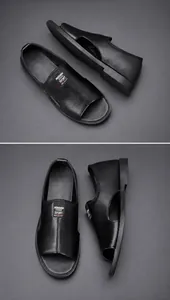 Detailansicht der schwarzen Herren-Ledersandalen mit atmungsaktivem Design und weicher Gummisohle