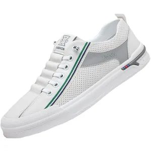 White breathable men's casual sneakers with side perforations and colorful accents