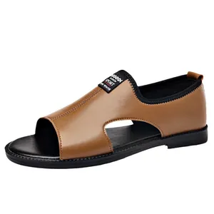 Herren-Sandalen aus braunem Leder mit weicher Sohle, rutschfest für Strand und Alltag