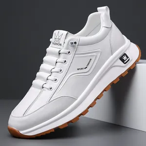 Men's Casual Leather Sneakers Non-slip Thick Sole Breathable Slip-on Walking Shoes White Fashion Sports Board Shoes