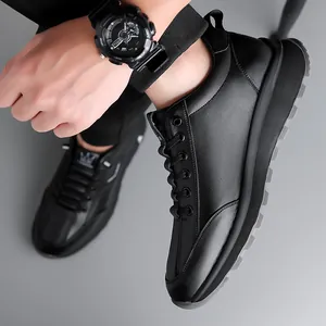 Men's black leather casual sports shoes with non-slip thick sole and lace-up design
