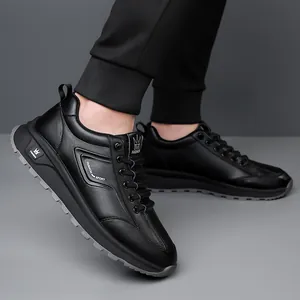 Men's black leather casual sports sneakers with non-slip sole and fashion crown logo