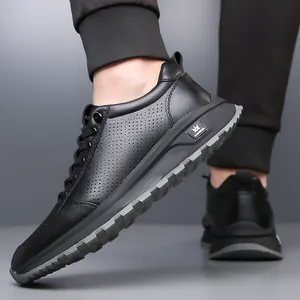 Men's black leather casual loafers with breathable perforated side and thick sole