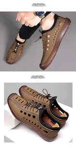 Détails de sandales en cuir marron ajouré avec boucle élastique et coutures apparentes