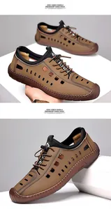 Détail de sandales en cuir marron pour hommes avec perforations et semelle en caoutchouc