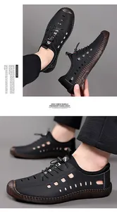 Détail macro de chaussures d'été noires évidées pour hommes avec semelles en caoutchouc