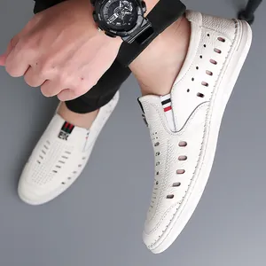 Men's white genuine leather loafers with breathable cutout holes and rubber sole