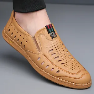 Men's light brown breathable hollow leather loafers with non-slip soft soles