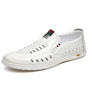 Men's white breathable hollow leather loafers with non-slip soft soles for summer