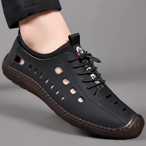 Mocassins en cuir ajouré respirant pour hommes avec cordons de serrage réglables