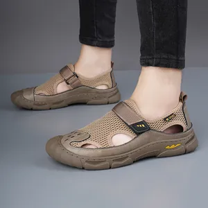 Khaki men's breathable mesh sandals with velcro straps and durable rubber soles for summer