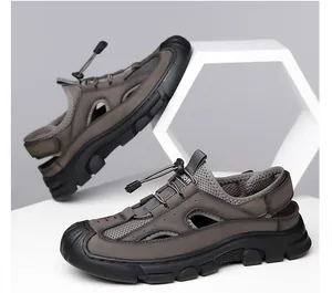 Close-up of mens outdoor sandals featuring breathable mesh and anti-collision toe design