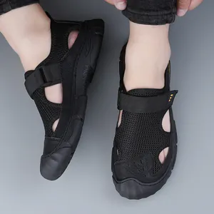 Men's black breathable mesh summer sandals with durable non-slip rubber soles and velcro