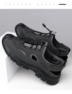 Detail of breathable mesh upper and quick-lace system on men outdoor sport sandals