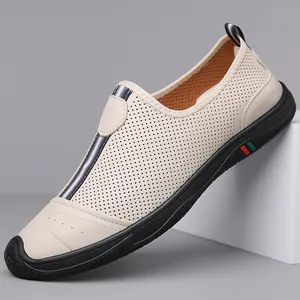 Men Casual Loafers Breathable Hollow Split Leather Summer Shoes Non Slip Rubber Sole Slip On Walking Shoes For Men Business
