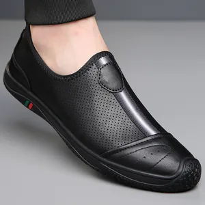 Men's black leather slip-on loafers with breathable hollow cutouts for summer wear